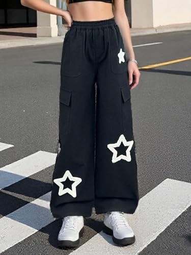 Viatabuna Baggy Cargo Pants for Women Elastic High Waist Star Y2k Straight Wide Leg Multi Pocket Pants Streetwear3