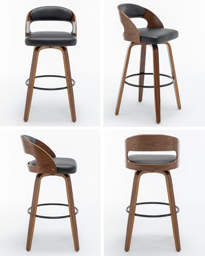 Image of AQG Swivel Bar stools Set of 4 Bar Chairs 30 inch Counter Height Mid-Century Modern Bentwood Barstool PU Leather Upholstered Bar Chair with Back and Footrest, for Bar, Cafe, Dining, Kitchen Island, Black