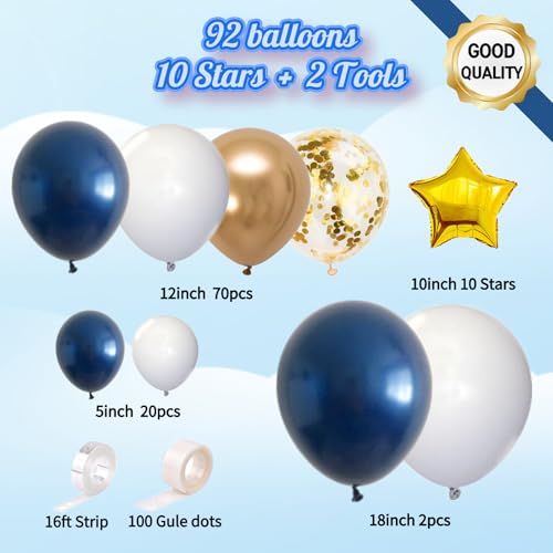Image of Navy Blue Balloon Garland Kit - 102pcs Blue and White Balloons with Gold and Star Foil Balloons - Party Decoration Arch for Graduation 2026 Happy Birthday Baby Shower
