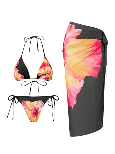 Image of ZAFUL Women's 3 Piece Swimsuit Floral Halter Triangle String Bikini Tie Side Bottom with Boho Cover Up Skirt