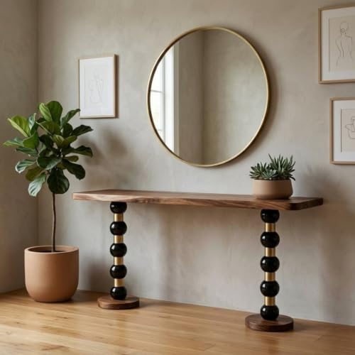 Image of Sheesham Wood TV Unit for Living Room | Entertainment Console Table | Modern Oval Top with Turned Spindle Legs | Wooden Media Stand for Smart TV, Set Top Box & Decor Display| Light Walnut