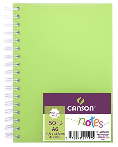 Canson Carnet de 50 Feuilles Notes et Dessin Format A6 120g Spiralé Couverture Polypro, Vert Cover
