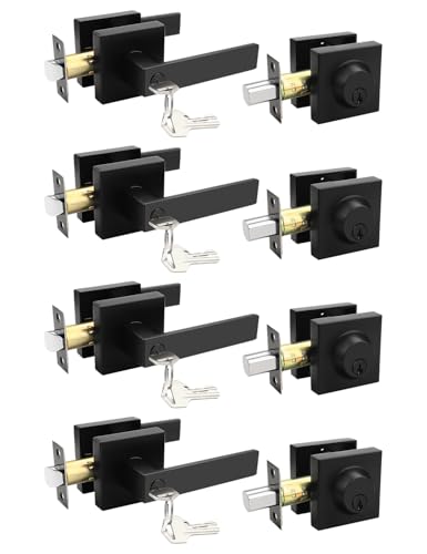 Image of Tinewa 4 Pack Square Keyed Alike Front /Exterior Door Levers with Single Cylinder Deadbolt, Flat Black Entry Door Knob Lock Sets with Deadbolt Combination Sets, for Entrance /Front and Office Doors