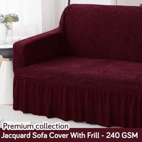 Image of HOKIPO 240 GSM Premium Jacquard Sofa Cover 3 Seater Fully Covered, 'Serene Wave Series' Wine (AR-6354-WINE)