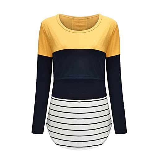 Camiseta de lactancia con estampado de camiseta, manga larga, a rayas, blusa premamá para mujer, camisa vaquera para mujer, talla S., amarillo, XXL