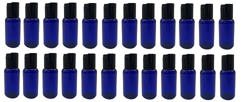 Natural Farms 1 oz Blue Boston BPA FREE Bottles - 24 Pack Empty Refillable Containers - Essential Oils Cleaning Products - Aromatherapy | Black Disc Cap - Made in the USA