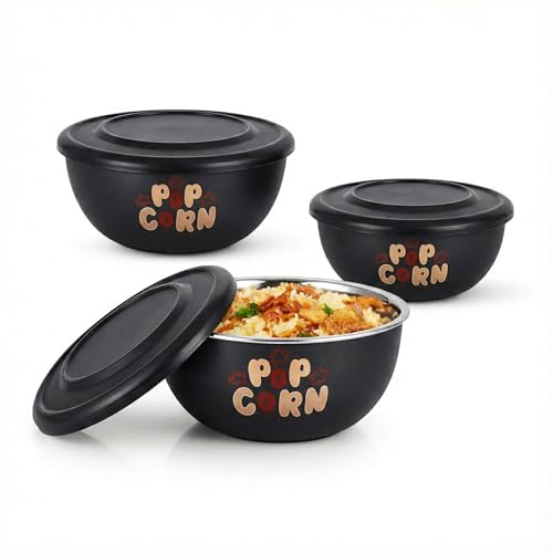 Image of Microwave Safe Stainless Steel Mixing Bowl Set with Lids - Set of 3 (500ml, 800ml, 1250ml) - Euro Style Food Storage Containers Classic Popcorn