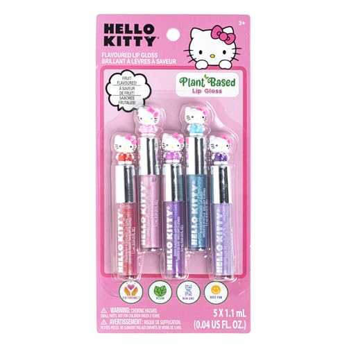 Hello Kitty 5 Pc Kid Lip Gloss Set with 3D Toppers Plant-Based Ages 3+
