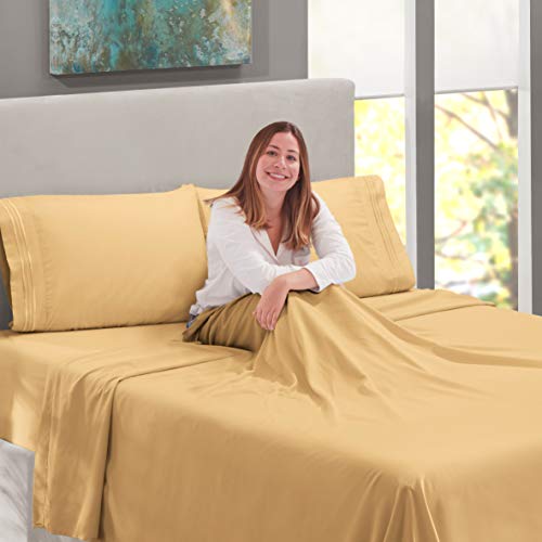 Image of Nestl Split King Bed Sheet Set - Camel Gold - 5-Piece Deep Pocket | Instantly Soft, Night-One Ready (No Wash Required). Fits 16-Inch Deep Pockets, 360-Degree Elastic Grip