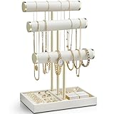 VLANDO Schmuck Organizer 3 Etagen Schmuckständer Gold, Lederner Armbandhalter für Frauen - Schmuckhalter Display für Halsketten, Uhren, Ringe, Ohrringe, Armbänder, Armreifen, Sonnenbrillen- Beige
