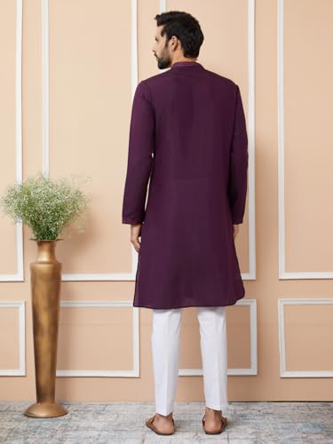 Image of See Designs Men's Long Sleeve Mandarin Collar Side Slit Off-White Embroidered Chanderi Silk Straight Kurta