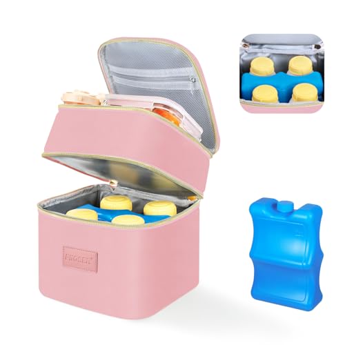Image of PIIOSER Insulated Baby Bottle Tote Bags with Ice Pack, Fits 4 Baby Bottles Up to 5 Ounce, Portable Breastmilk Cooler Travel Bag with Buckle for Nursing & Working Mom Daycare(Pink-XS)