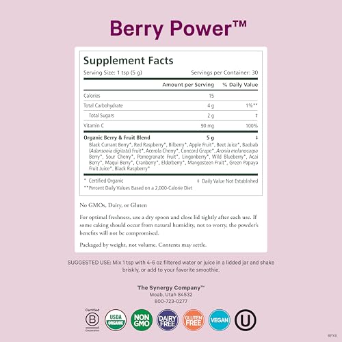 PURE SYNERGY Berry Power | Organic Berry and Fruit Powder | Antioxidant Supplement with Organic Acai, Camu Camu, and Wild Blueberry | for Healthy Aging, Immune, and Skin Support (5.3 oz Powder)
