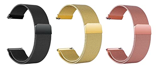 Image of ACM Pack of 3 Watch Strap Magnetic Loop 20mm compatible with Compaq Q Watch Smartwatch Metal Chain Band (Black /Champagne Gold /Rose Gold Pink)