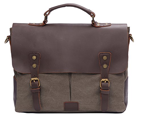 VOCHIC Retro Genuine Leather Canvas School College Messenger Briefcase Satchel Handbag iPad Bag