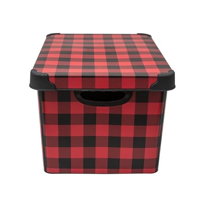 Simplify Checkered Design Storage Bin | Christmas Tote | Holiday D¨¦cor Decorations Organizer | Buffalo Plaid Design | Lidded | Stackable | Black and Red