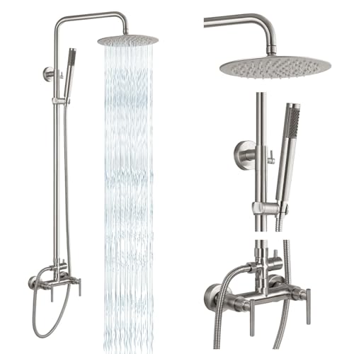 gotonovo Outdoor Shower Fixtures SUS304 Stainless Steel Rain Shower Kit Faucet High Pressure Wall Mount 2 Dual Function 8 Inch Showerhead and Handheld Spray Combo, Double Lever Handle, Brushed Nickel
