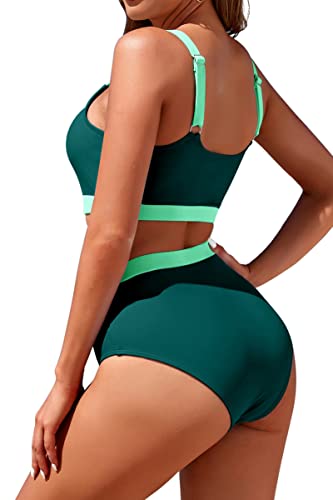 Image of Womens High Waisted Bikini Sets Sporty Crop Top Color Block Swimwear Bandeau Scoop Neck Vintage Two Piece Bathing Suits