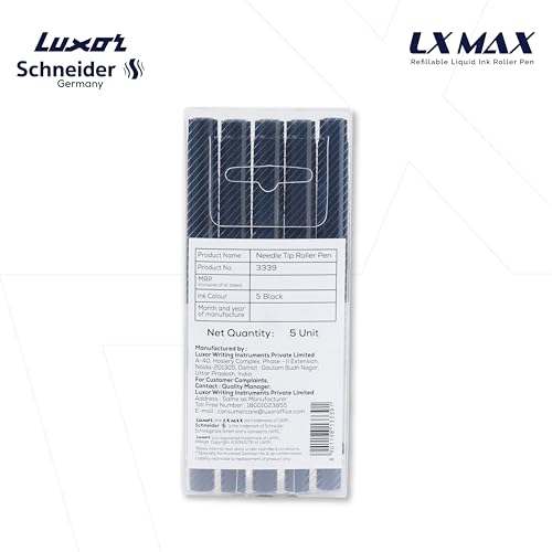 Image of Luxor Schneider, LX MAX roller ball pen, Pack of 5 - Black, Needle Tip, 0.5mm, 100% German Technology, 1000+ mtrs writing length, Waterproof Ink, Ideal for Students & Professionals
