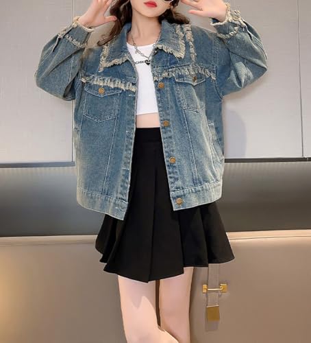 ASHER FASHION Girls Denim Jacket Vintage Raw Ripped Jean Jackets Button Jeans Coats Fall Long Sleeve Shacket with Pockets2