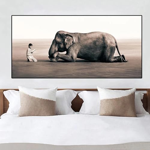 Toile éléphant lecture garçon pour habiller un grand mur vide