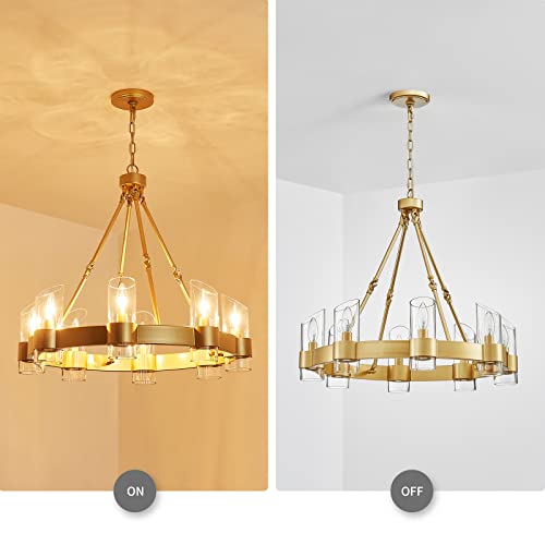 Image of WUZUPS Wagon Wheel Chandelier 8-Light with Clear Glass Industrial Modern Farmhouse Round Light Fixture for Dining Room Kithen Island Foyer, Width 26 inch Height 22 inch, Gold
