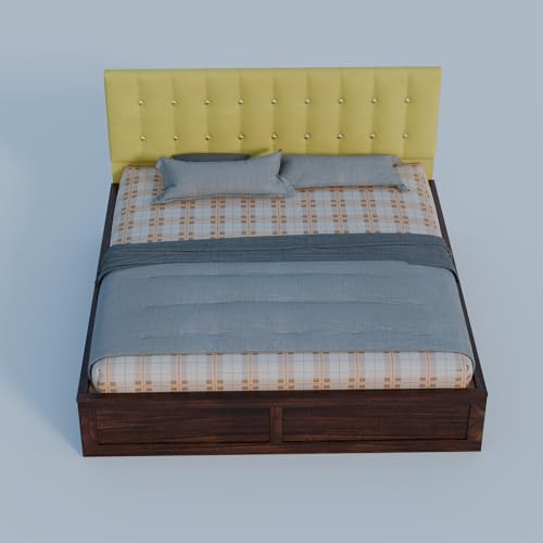 Image of Sheesham Wood Queen Size Bed with Storage Box | Upholstered Beds | Platform Cot with Cushioned Headboard | Double Bed for Home | Recommended Mattress 78x60 Inch | Mustard & Walnut Finish
