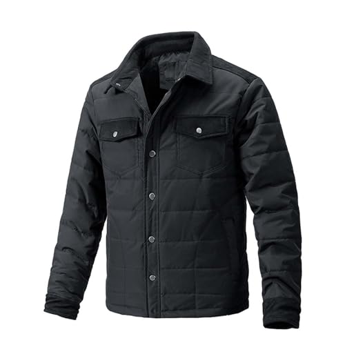 Dinnesis Gepolsterte Winter-Reißverschluss-Stehkragen-Jacke für Herren mit langen Ärmeln, verdickte Retro-Jacke. Gepolsterte Arbeitskleidungsjacke für Herren Fellkragen Herren (Black, XXL)