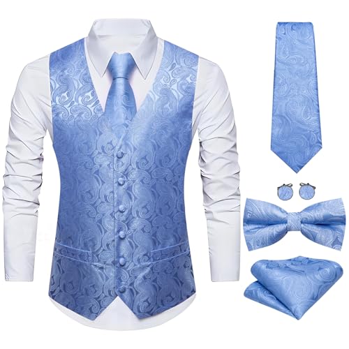 Image of Barry.Wang Men's Suit Vest Tie Bowtie Set Formal Silk Paisley Waistcoat Hanky Cufflinks Lapel Pin Set Wedding Party 7PCS
