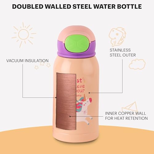 Image of Cello Joytron Kids Flask | Stainless Steel Keeps Drinks Cool or hot for an Extra Long time | Double Walled Vacuum Insulated Technology | Leak Proof lid | 550ml, Peach