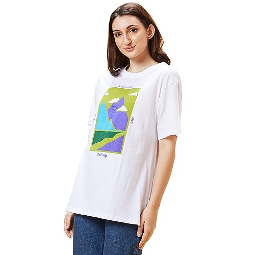 Image of Globus Women Ivory Typography Print Round Neck Oversized Casual T-Shirt-3638185004
