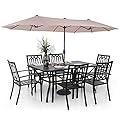 Sophia and William Patio Dining Set for 6 with 13ft Double-Sided Patio Umbrella, 8 Piece Metal Outdoor Table Furniture Set, 6 Outdoor Chairs, 1 Rectangle Dining Table and 1 Large Beige Umbrella