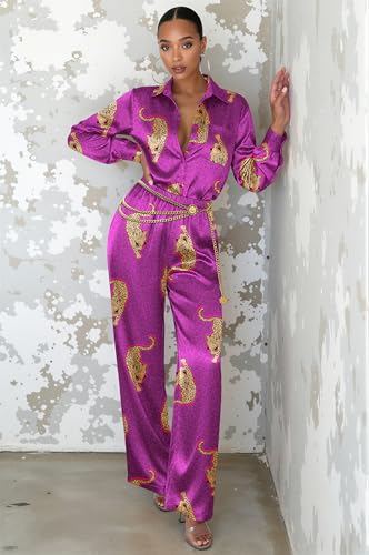 Image of Ekouaer Womens Satin Silky Pajama Set 2 Piece Print PJs Soft Loungewear Button Down Sleepwear with Elastic Waist Long Pants