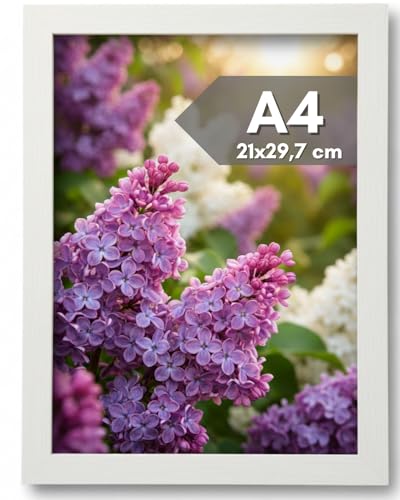 NOOGUI - Marco A4 - Madera Blanco - 21x30 Cm - Frontal Antirreflejo - Ideal para Cuadros, Diplomas, Certificados, Posters o Puzzles - Posición en Vertical u Horizontal - Fácil de Limpiar