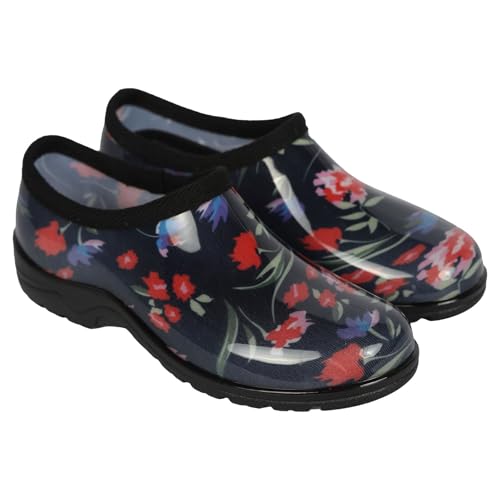 A2Z Women Waterproof PVC Garden Clogs Floral Print Slip-On Outdoor Rain Shoes with Rugged Anti-Slip Sole - Wellies LDS 1408 Floral 7 UK