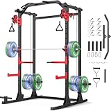 OPPSDECOR Squat Rack, Multi-Function Power Cage Rack with Adjustable Weight Bench, Squat Rack with Pull-up Bar, J-Hooks, More Training Attachment for Home Gym