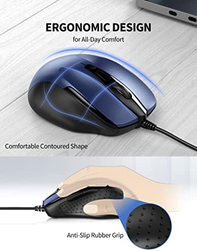 TECKNET USB Wired Mouse, 6-Button Corded Computer Mouse with 4 Adjustable DPI, Optical Computer Mice with Ergonomic Design and 5FT Cord for Laptop, Chromebook, PC, Desktop, Mac, Notebook-Blue - 2