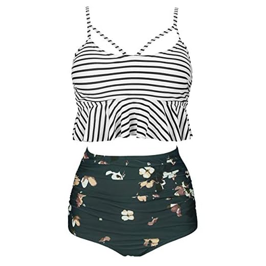 COCOSHIP Black White Striped & Bloom Floral Retro Falbala High Waist Bikini Set Crisscross Hollow Out Swimsuit Travel Swimwear L(US8)