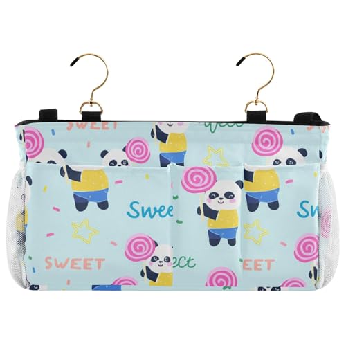 Burbuja Pandas Holding Lollipops Bedside Caddy Hanging Storage Organizer with 2 Straps and Hooks for Home College Dorm Bunk Bed Hospital Bed Crib
