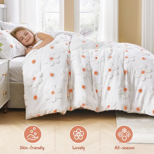 Image of Full Size Comforter Set for Girls Kids 3 Pieces Orange Flowers Bedding Set | CotComf White Comforter Set with Flowers, Bed in A Bag Lightweight Cute Bed Comforter Set for Teen Girls Women