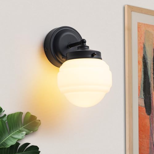 Image of Black Wall Light Fixture Vintage Wall Sconce Milk Glass Vanity Sconce Mid Century Wall Lamp for Bathroom Hallway Bedroom Living Room Kitchen Stairway (Hardwired, E26)