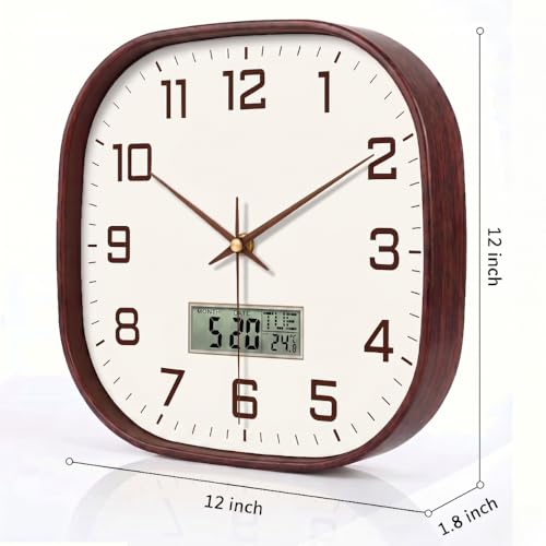 Image of STAR WORK 12 inch Inch Square Silent Non-Ticking Quartz Movement Wall Clock with Analog & Digital Display | Easy-to-Read Numbers | Modern Design for Living Room, Bedroom or Office (White - Brown Digital)