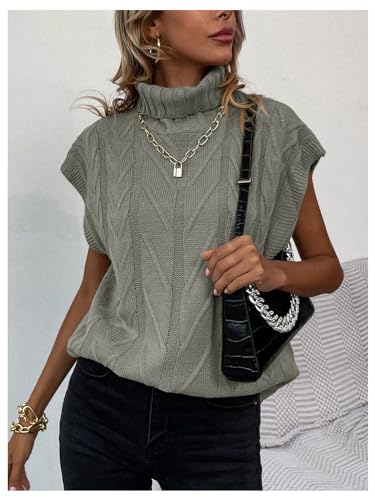 SweatyRocks Women's Turtleneck Sweater Vest Cap Sleeve Loose Cable Knit Vest Tops3