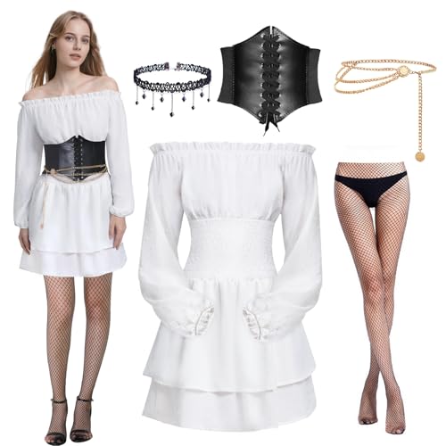 Joellfuner Piratenkostüm Damen, Piraten Kostüm Frauen Outfit, Off Shoulder Weißes Kleid mit Korsett, Strumpf, Taillenkette und Halskette, Pirate...