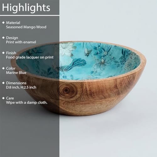 Image of SAAGA Large Mango Wood Mixing Bowl | 8 x 2.5 Inch Printed Wooden Serving Bowl for Salads, Fruits, Snacks & Curries | Handcrafted Kitchen & Dining Bowl | Marine Blue