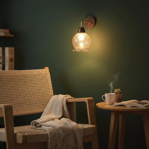 Aplique de pared vintage de madera de nogal con pantalla de cristal ámbar craquelado E27 7