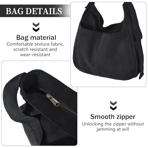 SAVOSWEET Shopper Tasche Stoff, Schultertasche Canvas, Umhängetasche Unisex Groß mit Reißverschluss Schwarz, Einkaufstasche Faltbar, Leinwand Handtasche für Büro Schule Reisen Einkaufen