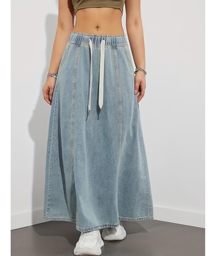 SEMATOMALA Women's Paperbag Elastic High Waist A Line Jean Long Dress Swing Flare Maxi Denim Skirts3