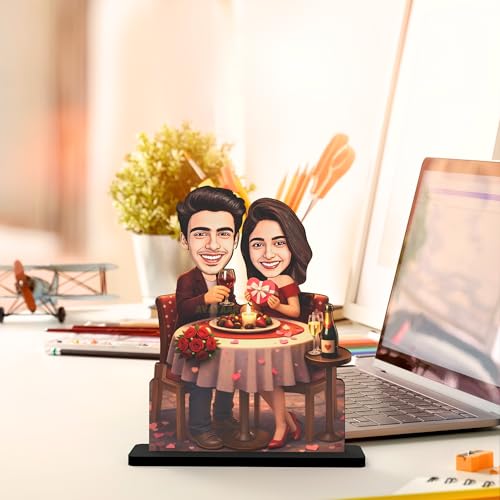 Image of Wood Rectangular Personalized Caricature Gift for Couple, 7 Inches, Tabletop Multicolor, Art Deco Style (Couple 9)