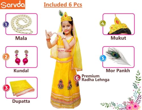 Image of Sarvda Krishna & Radha Dress for Kids - Complete Janmashtami Costume Sets with Dhoti /Lehenga, Mukut, Mor Pankh, Bansuri & Accessories | Fancy Dress for Baby Boys & Girls